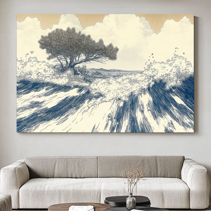 This artwork captures the dynamic rhythm of ocean waves crashing against the shore. Perfect for modern decor. canvas wall art abstract portrait landscape