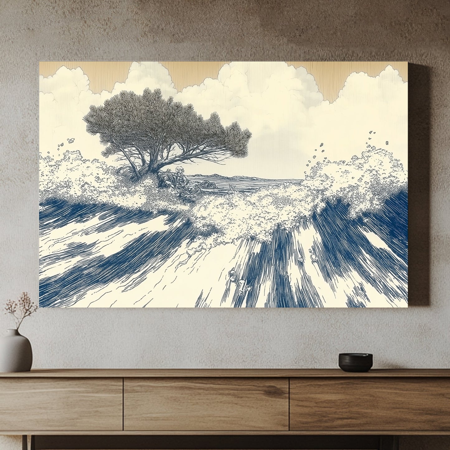 This artwork captures the dynamic rhythm of ocean waves crashing against the shore. Perfect for modern decor. canvas wall art abstract portrait landscape