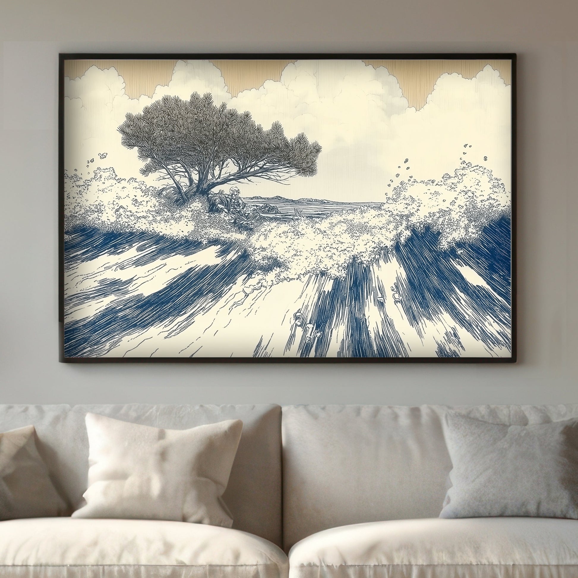 This artwork captures the dynamic rhythm of ocean waves crashing against the shore. Perfect for modern decor. canvas wall art abstract portrait landscape