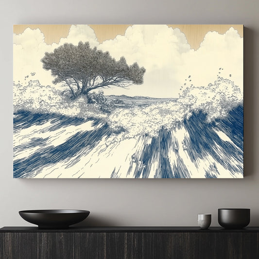 This artwork captures the dynamic rhythm of ocean waves crashing against the shore. Perfect for modern decor. canvas wall art abstract portrait landscape