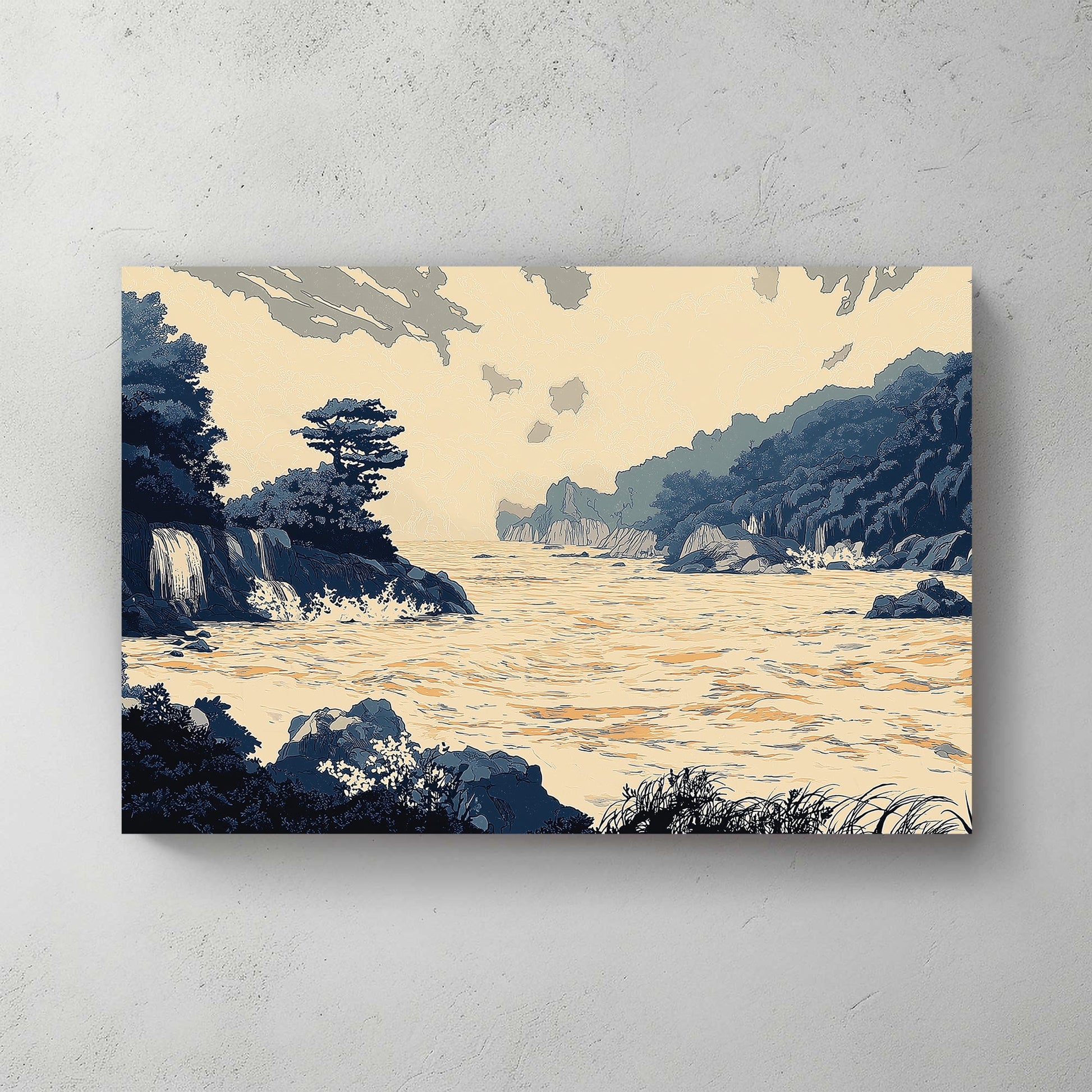 An exquisite portrayal of a serene bay, this artwork brings forth the tranquillity of cascading water. Perfect for modern decor. canvas wall art abstract portrait landscape