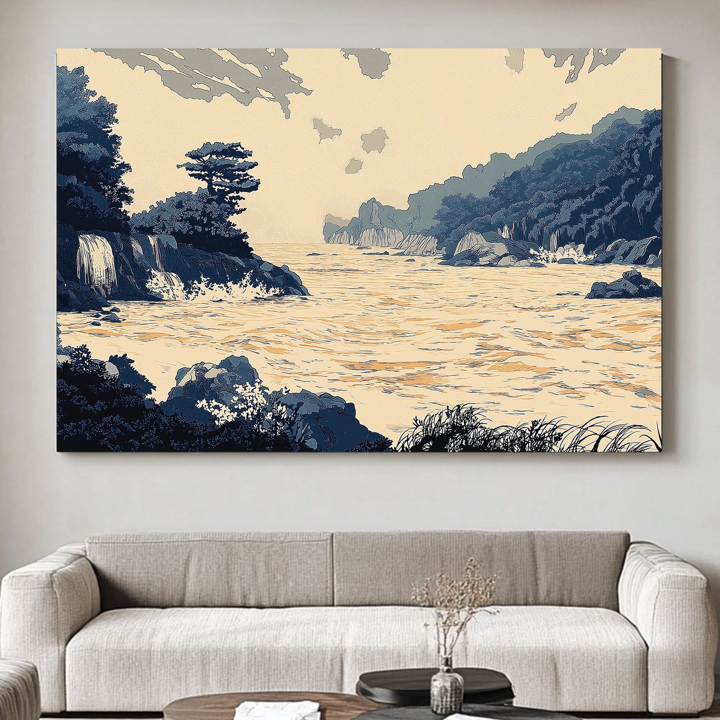 An exquisite portrayal of a serene bay, this artwork brings forth the tranquillity of cascading water. Perfect for modern decor. canvas wall art abstract portrait landscape