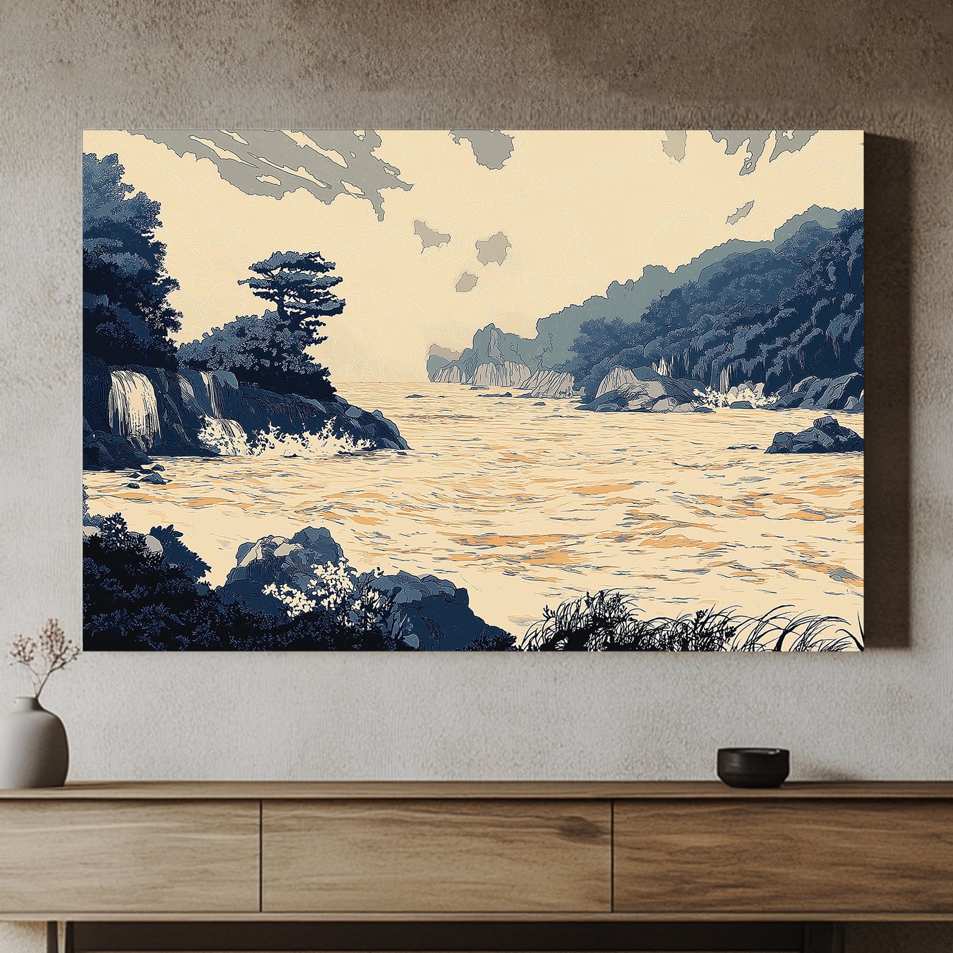 An exquisite portrayal of a serene bay, this artwork brings forth the tranquillity of cascading water. Perfect for modern decor. canvas wall art abstract portrait landscape