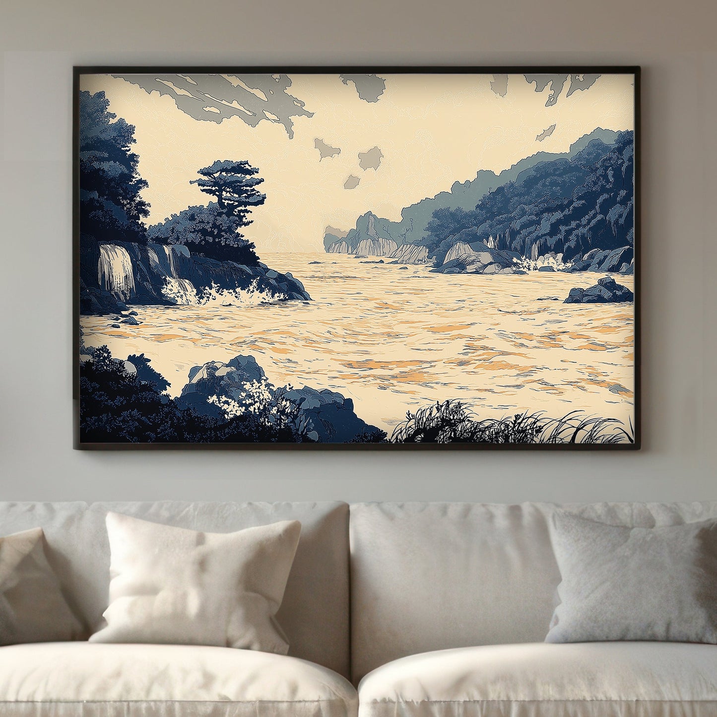 An exquisite portrayal of a serene bay, this artwork brings forth the tranquillity of cascading water. Perfect for modern decor. canvas wall art abstract portrait landscape