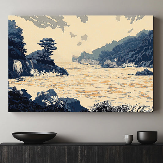 An exquisite portrayal of a serene bay, this artwork brings forth the tranquillity of cascading water. Perfect for modern decor. canvas wall art abstract portrait landscape