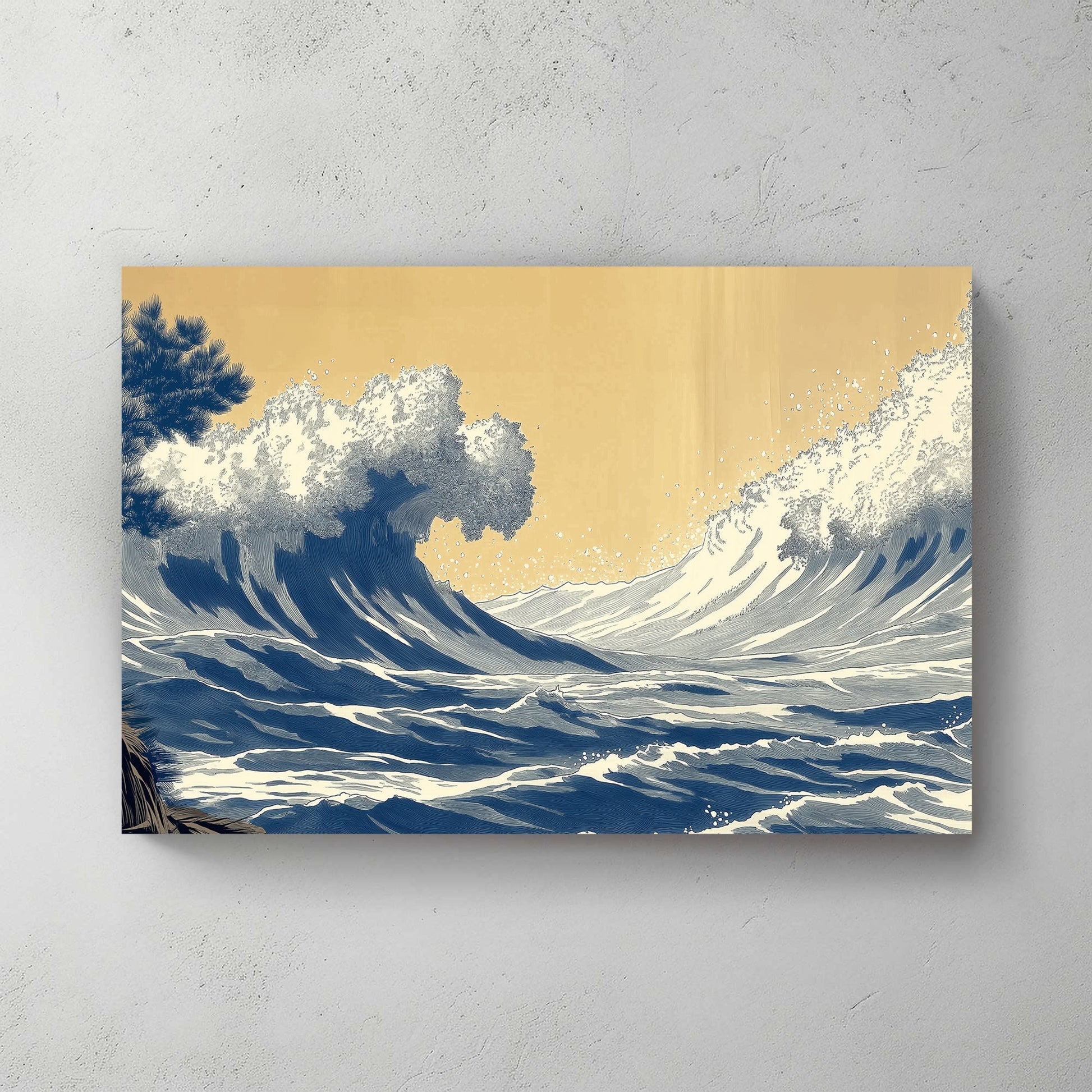 A dynamic portrayal of towering ocean waves captured mid-surge, framed against a warm, muted sky. Perfect for modern decor. canvas wall art abstract portrait landscape