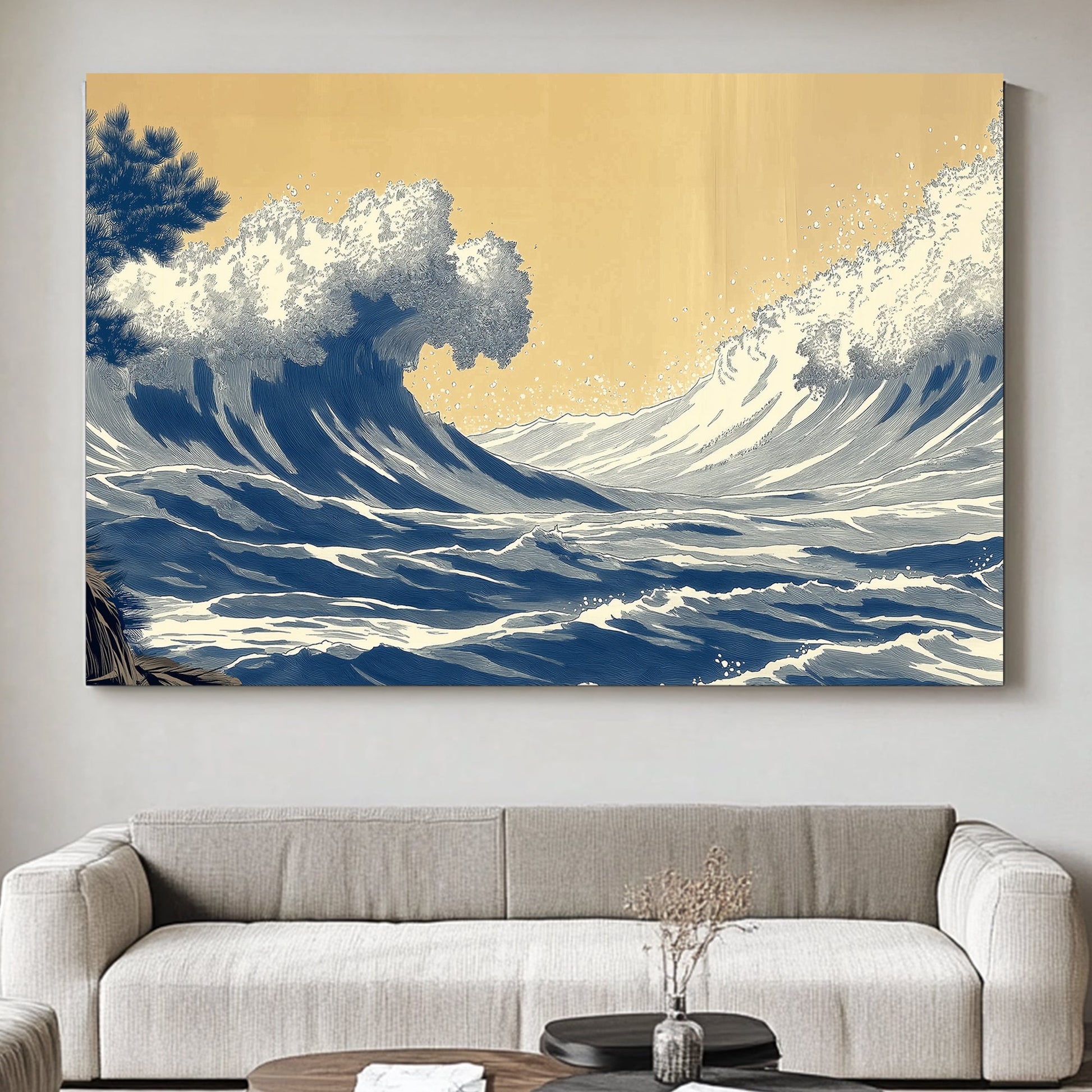 A dynamic portrayal of towering ocean waves captured mid-surge, framed against a warm, muted sky. Perfect for modern decor. canvas wall art abstract portrait landscape