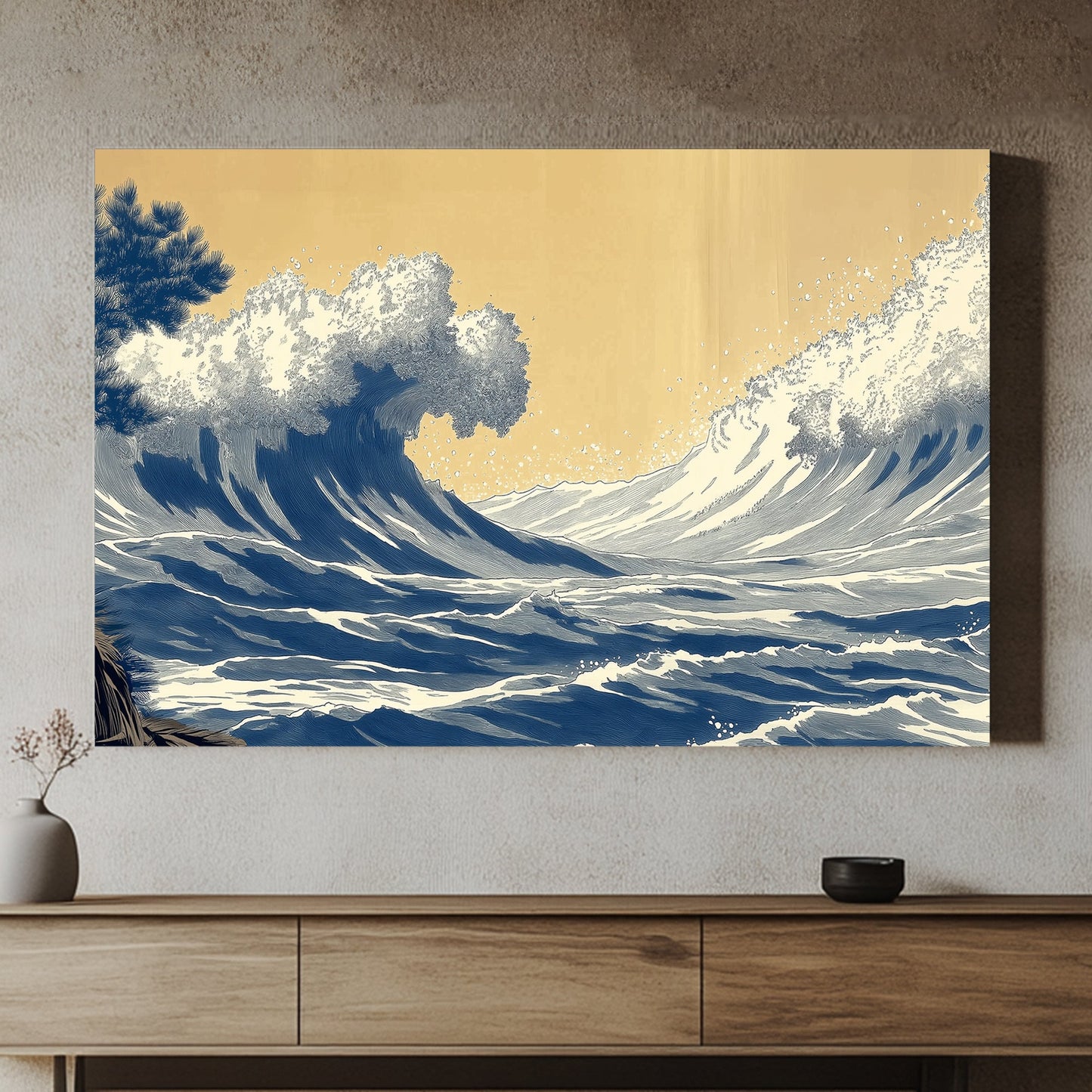 A dynamic portrayal of towering ocean waves captured mid-surge, framed against a warm, muted sky. Perfect for modern decor. canvas wall art abstract portrait landscape