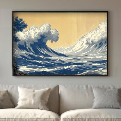 A dynamic portrayal of towering ocean waves captured mid-surge, framed against a warm, muted sky. Perfect for modern decor. canvas wall art abstract portrait landscape