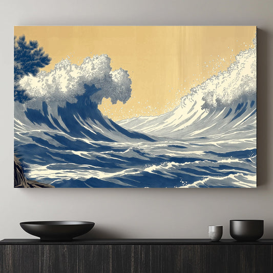 A dynamic portrayal of towering ocean waves captured mid-surge, framed against a warm, muted sky. Perfect for modern decor. canvas wall art abstract portrait landscape