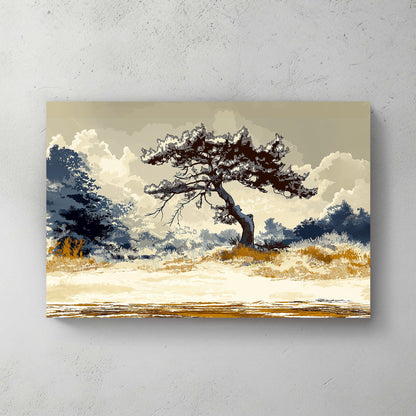 A striking depiction of a solitary pine tree standing resilient against a dramatic, cloudy backdrop. Perfect for modern decor. canvas wall art abstract portrait landscape