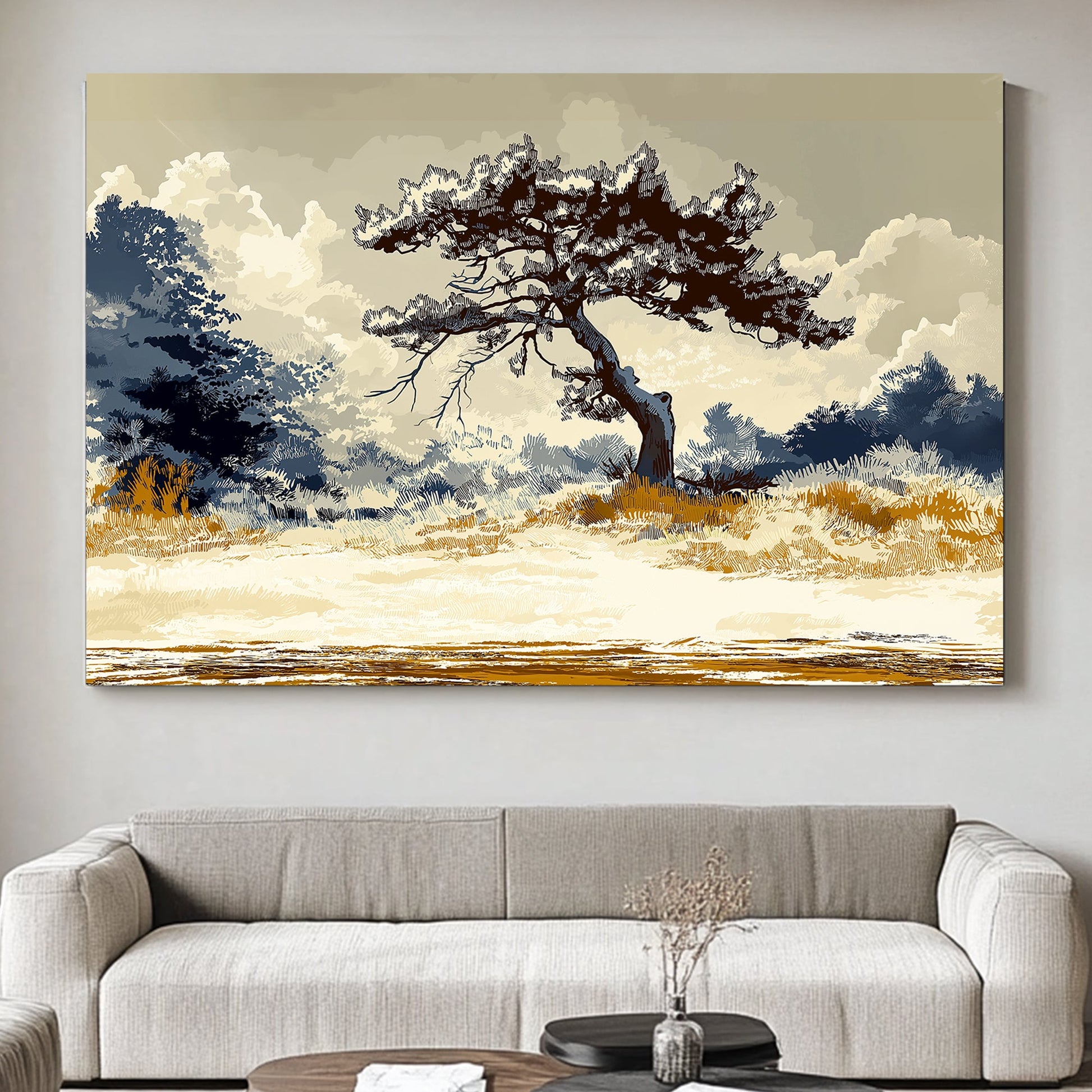 A striking depiction of a solitary pine tree standing resilient against a dramatic, cloudy backdrop. Perfect for modern decor. canvas wall art abstract portrait landscape