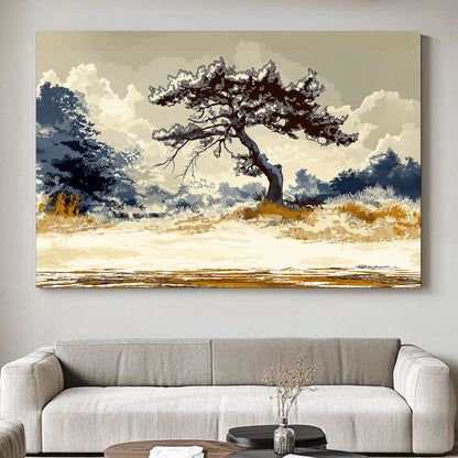 A striking depiction of a solitary pine tree standing resilient against a dramatic, cloudy backdrop. Perfect for modern decor. canvas wall art abstract portrait landscape