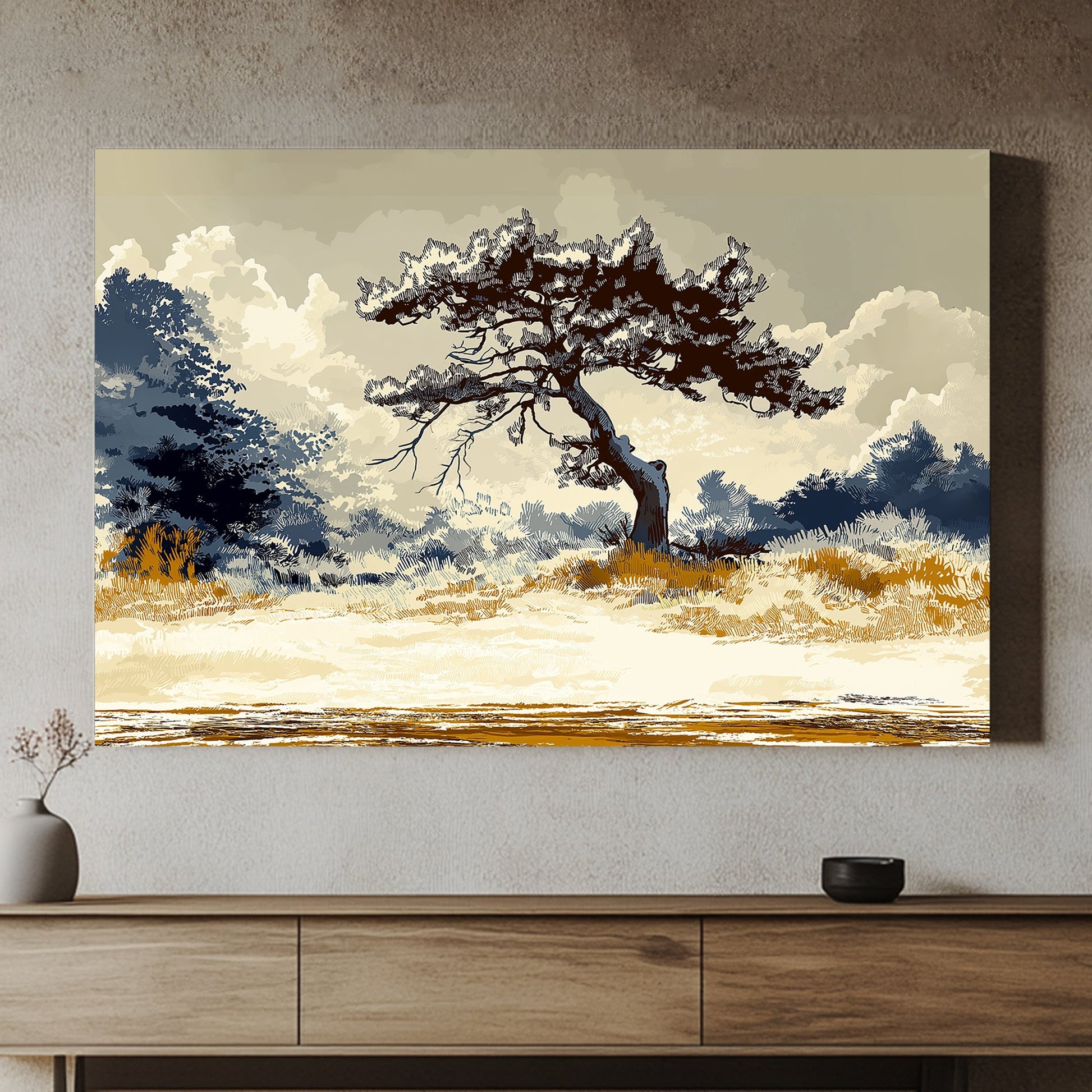 A striking depiction of a solitary pine tree standing resilient against a dramatic, cloudy backdrop. Perfect for modern decor. canvas wall art abstract portrait landscape