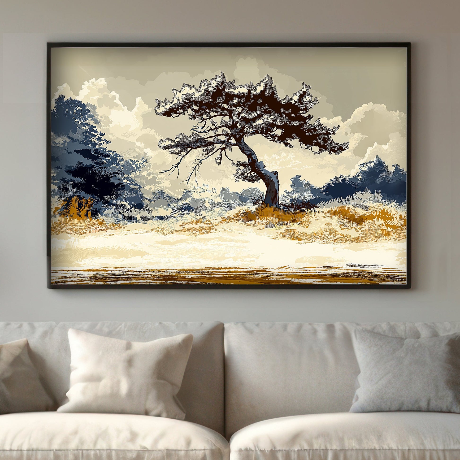 A striking depiction of a solitary pine tree standing resilient against a dramatic, cloudy backdrop. Perfect for modern decor. canvas wall art abstract portrait landscape