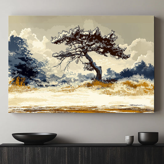 A striking depiction of a solitary pine tree standing resilient against a dramatic, cloudy backdrop. Perfect for modern decor. canvas wall art abstract portrait landscape