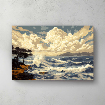 A breathtaking scene of crashing waves under billowing clouds, with distant mountains. Perfect for modern decor. canvas wall art abstract portrait landscape