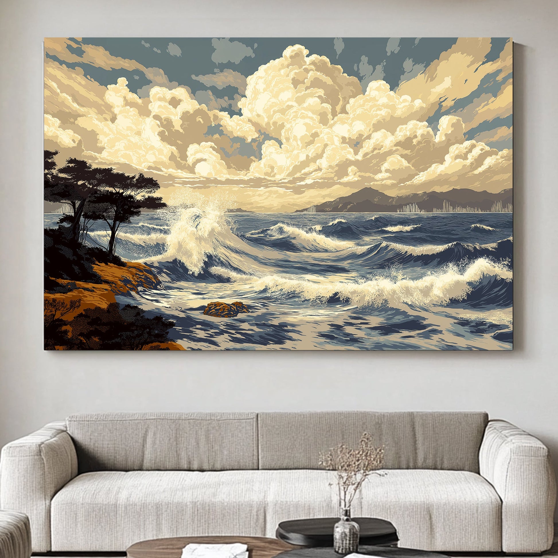 A breathtaking scene of crashing waves under billowing clouds, with distant mountains. Perfect for modern decor. canvas wall art abstract portrait landscape