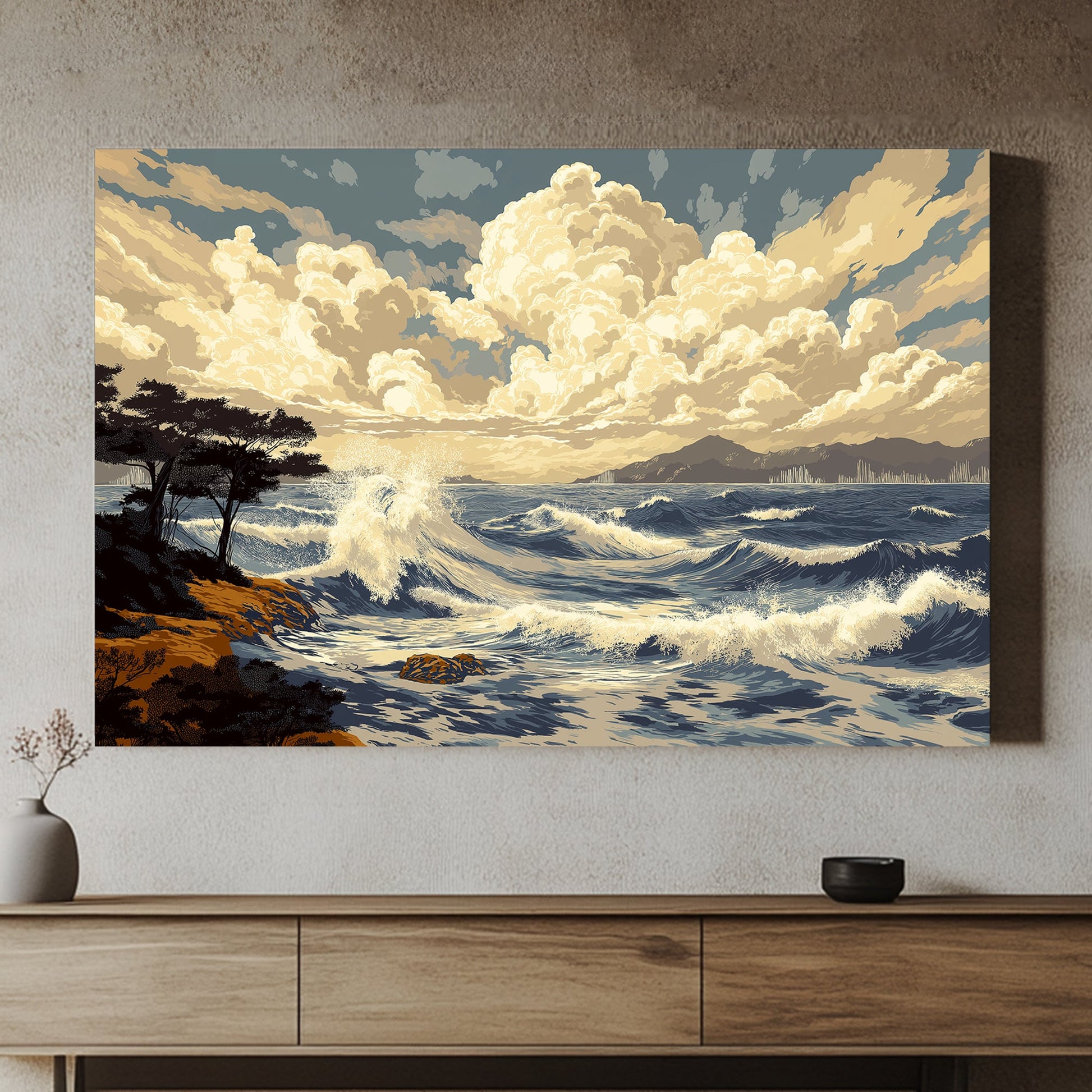 A breathtaking scene of crashing waves under billowing clouds, with distant mountains. Perfect for modern decor. canvas wall art abstract portrait landscape