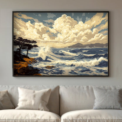 A breathtaking scene of crashing waves under billowing clouds, with distant mountains. Perfect for modern decor. canvas wall art abstract portrait landscape