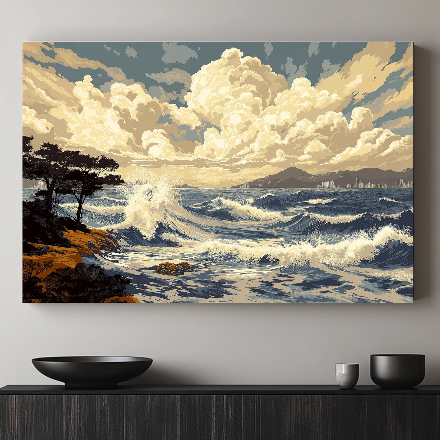 A breathtaking scene of crashing waves under billowing clouds, with distant mountains. Perfect for modern decor. canvas wall art abstract portrait landscape