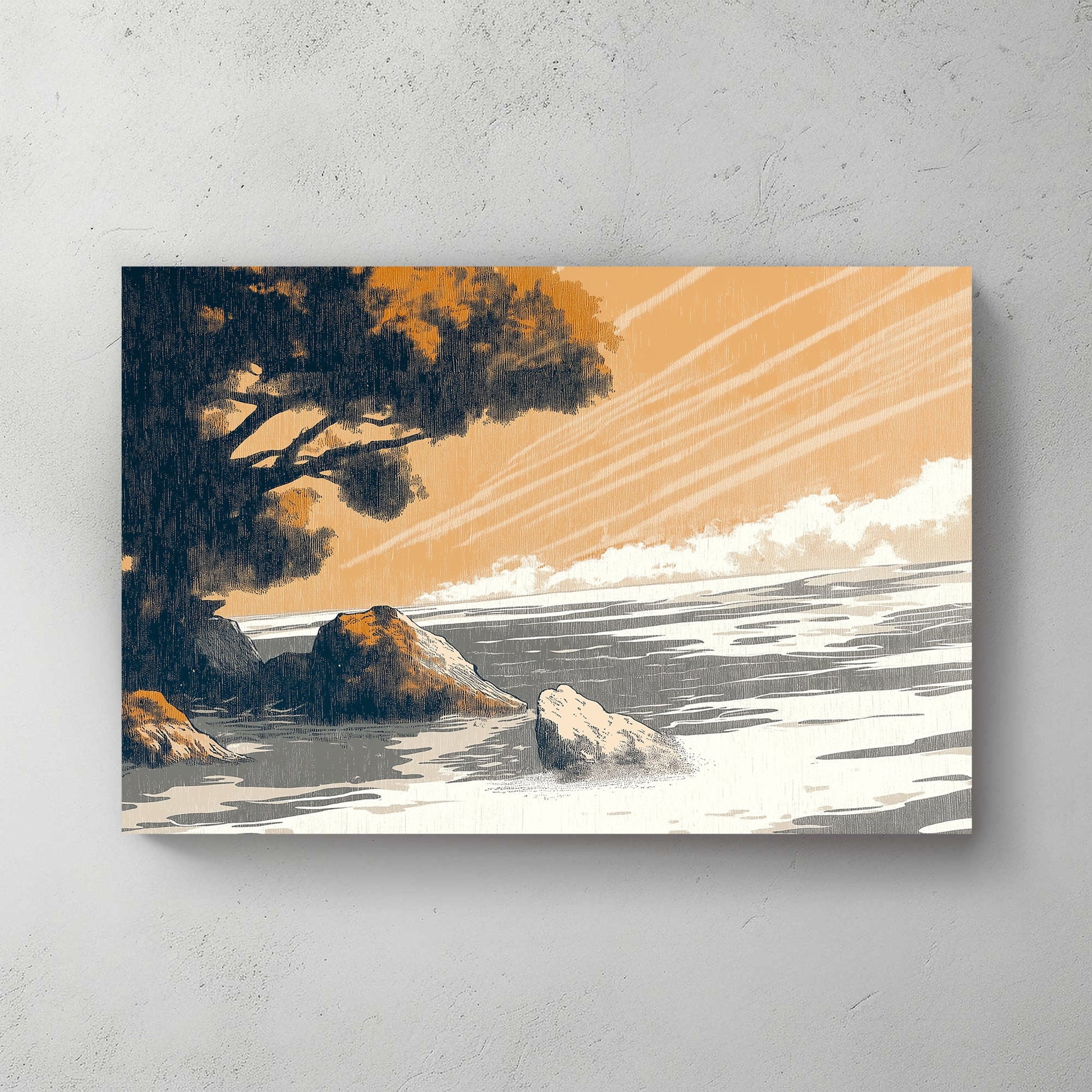 In this serene coastal scene, soft golden hues wash over a tranquil seaside landscape. Perfect for modern decor. canvas wall art abstract portrait