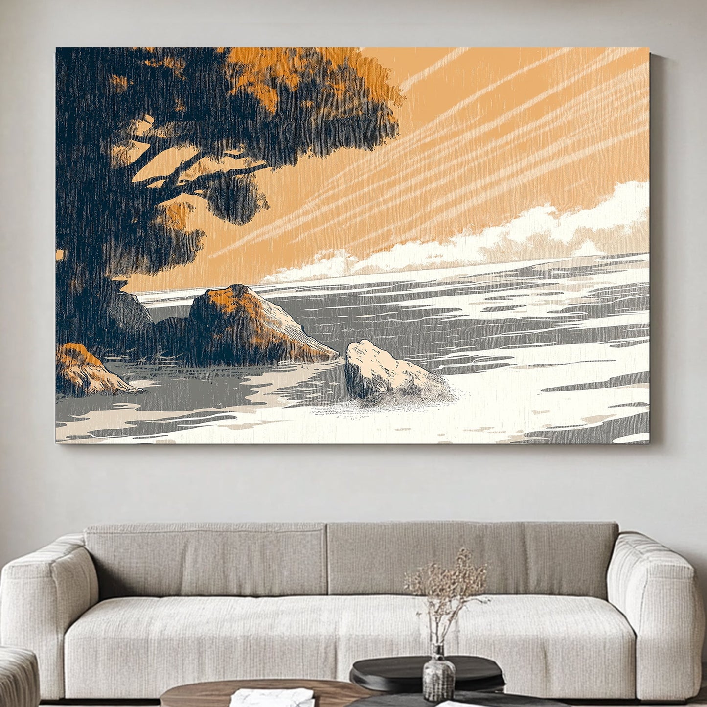 In this serene coastal scene, soft golden hues wash over a tranquil seaside landscape. Perfect for modern decor. canvas wall art abstract portrait