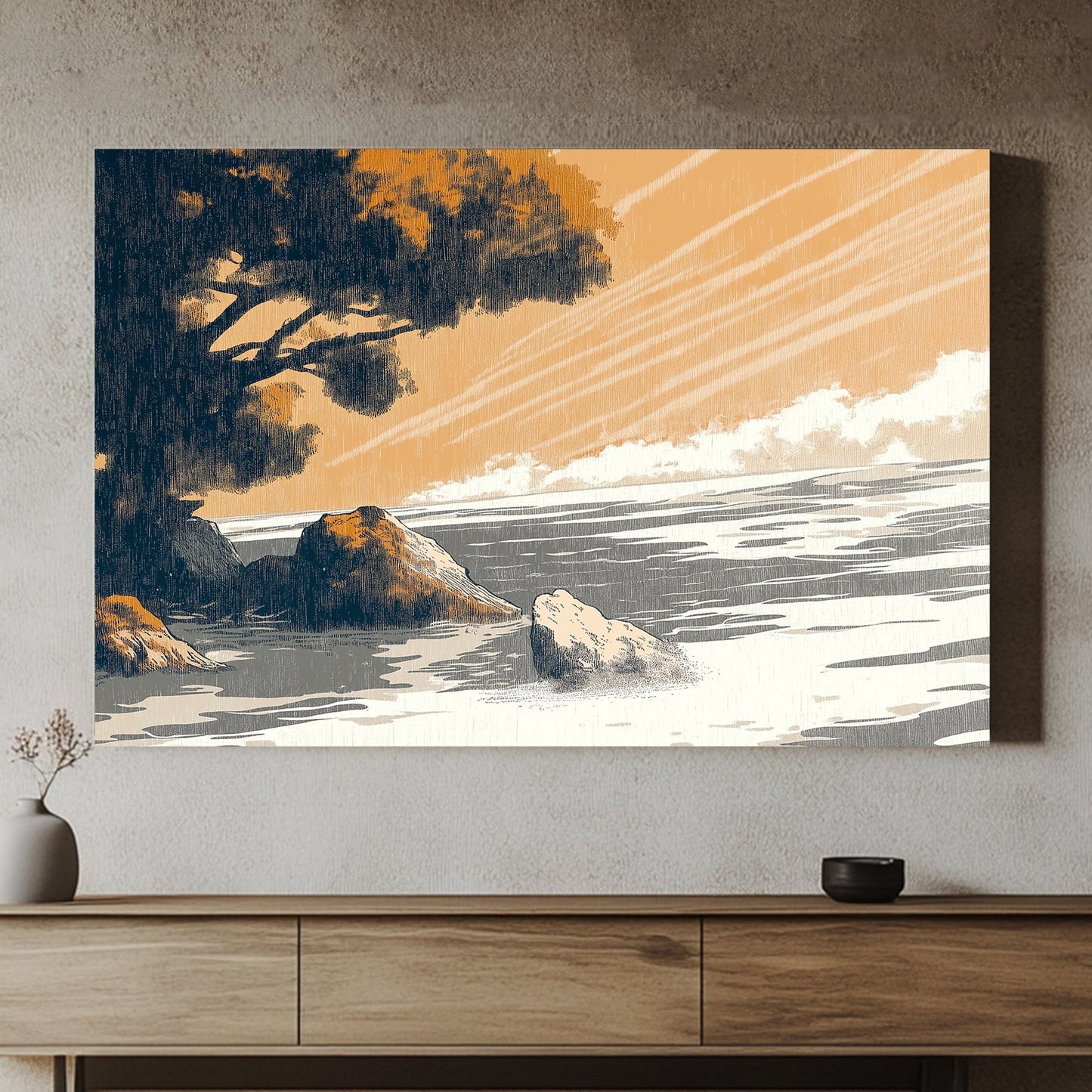 In this serene coastal scene, soft golden hues wash over a tranquil seaside landscape. Perfect for modern decor. canvas wall art abstract portrait