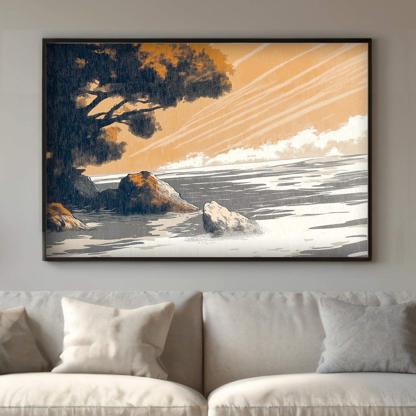 In this serene coastal scene, soft golden hues wash over a tranquil seaside landscape. Perfect for modern decor. canvas wall art abstract portrait