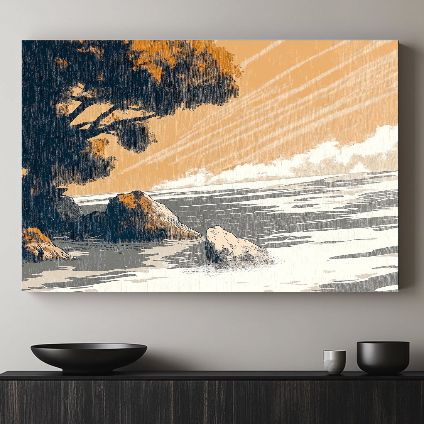 In this serene coastal scene, soft golden hues wash over a tranquil seaside landscape. Perfect for modern decor. canvas wall art abstract portrait