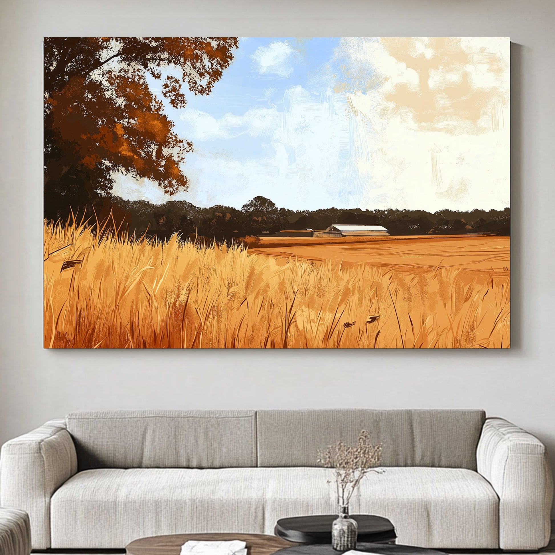 This warm, pastoral scene captures the essence of a late summer afternoon on a rustic farm. Perfect for modern decor. canvas wall art abstract portrait landscape