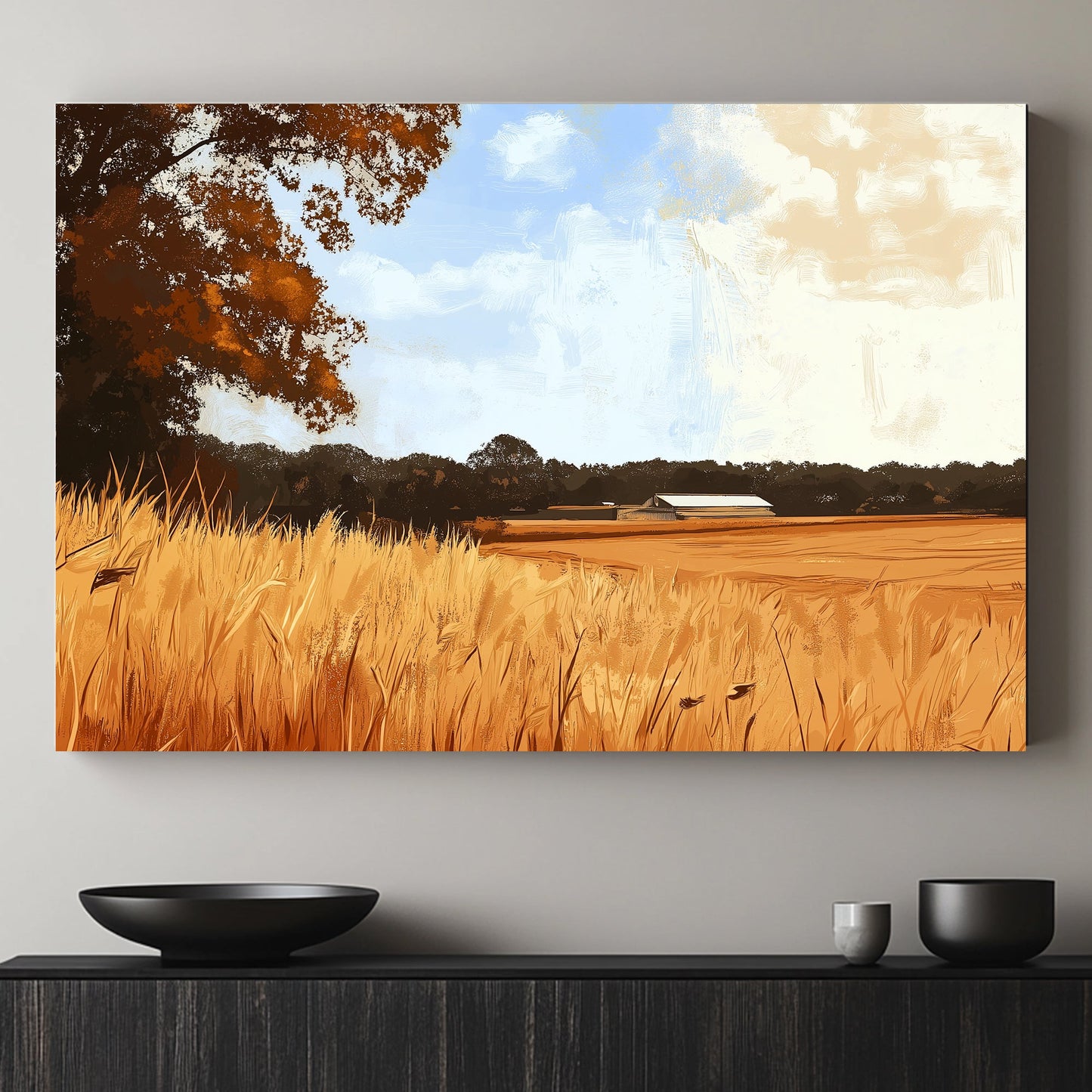 This warm, pastoral scene captures the essence of a late summer afternoon on a rustic farm. Perfect for modern decor. canvas wall art abstract portrait landscape