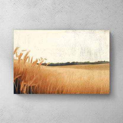 In this peaceful landscape, tall wheat stalks sway gently against a warm, hazy sky. Perfect for modern decor. canvas wall art abstract portrait