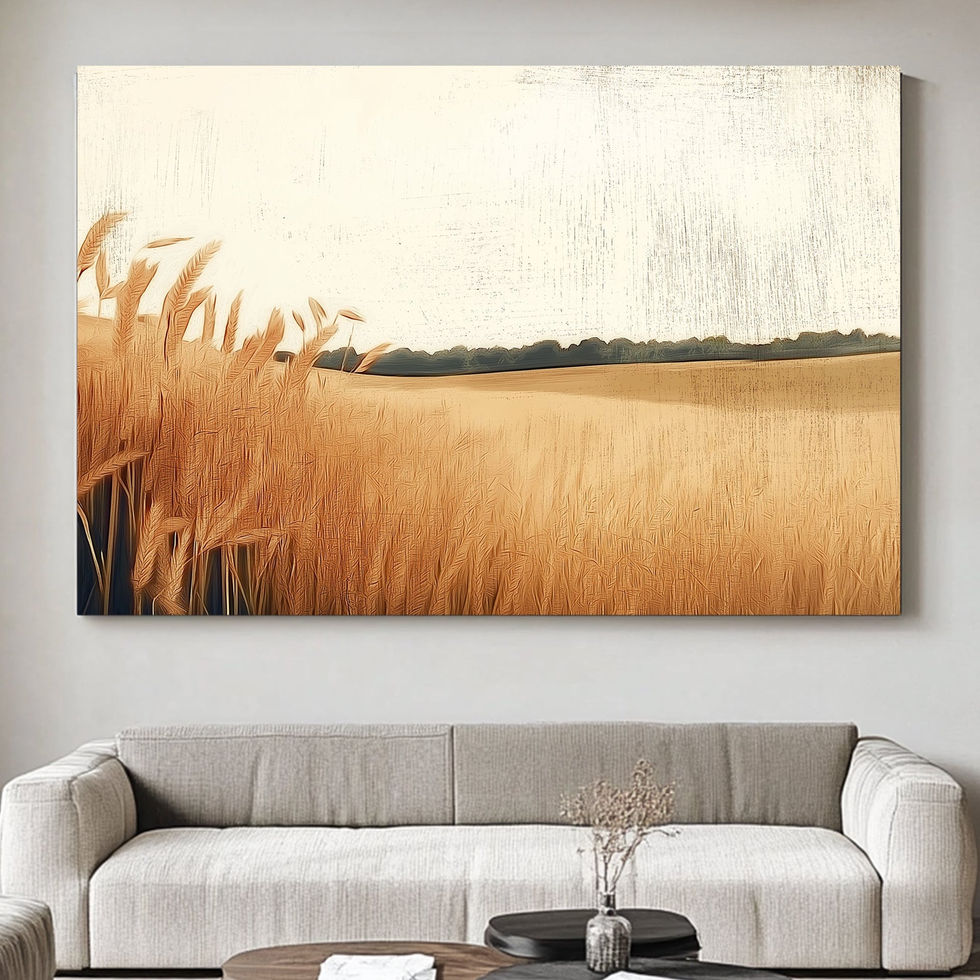 In this peaceful landscape, tall wheat stalks sway gently against a warm, hazy sky. Perfect for modern decor. canvas wall art abstract portrait