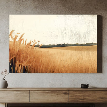 In this peaceful landscape, tall wheat stalks sway gently against a warm, hazy sky. Perfect for modern decor. canvas wall art abstract portrait