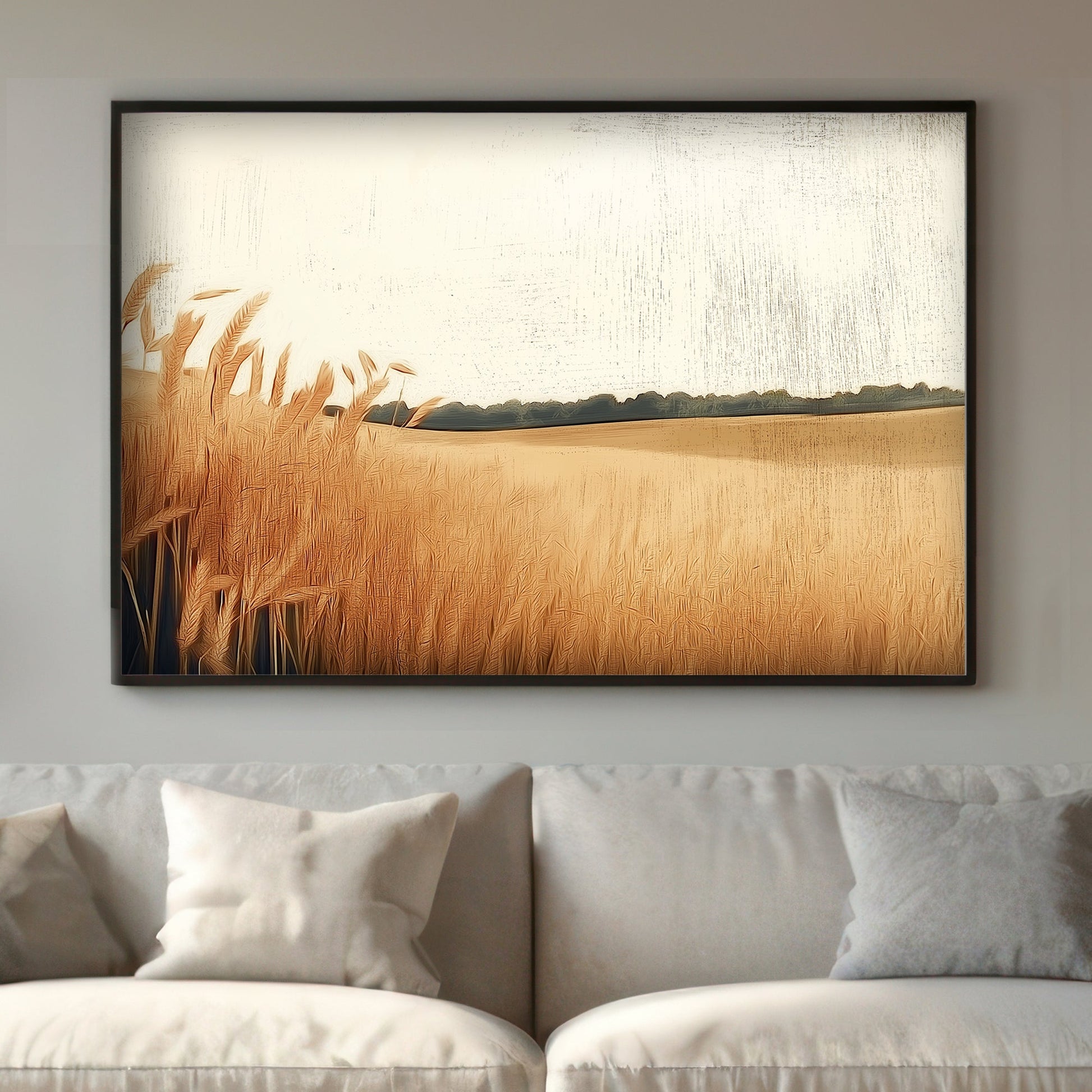 In this peaceful landscape, tall wheat stalks sway gently against a warm, hazy sky. Perfect for modern decor. canvas wall art abstract portrait