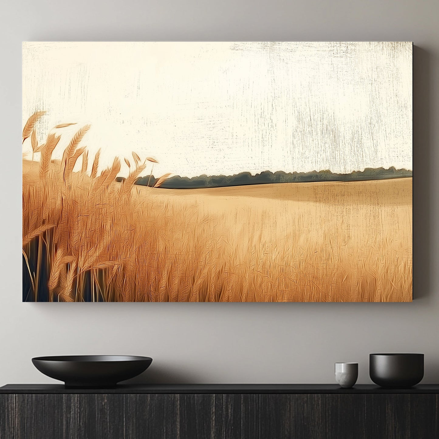 In this peaceful landscape, tall wheat stalks sway gently against a warm, hazy sky. Perfect for modern decor. canvas wall art abstract portrait