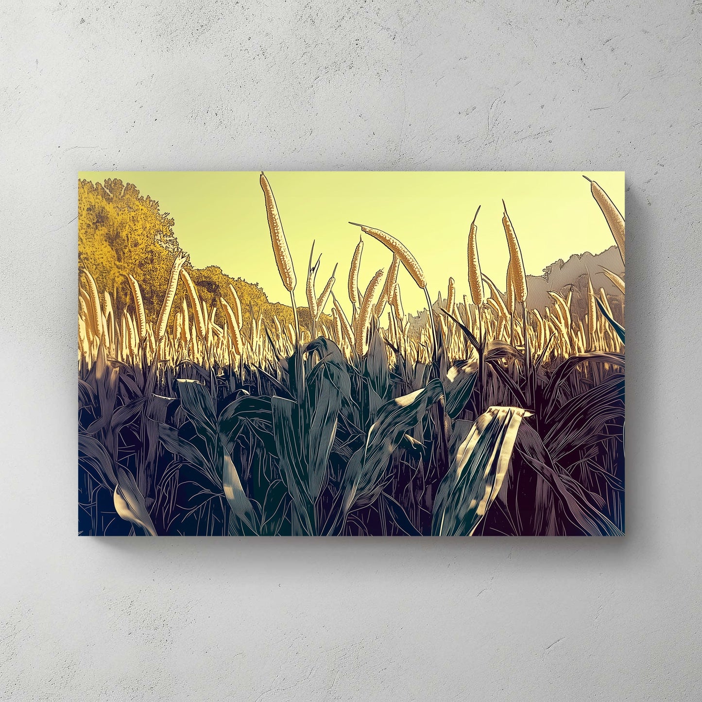 This vibrant artwork captures a field of tall corn stalks reaching toward the sun. Perfect for modern decor. canvas wall art abstract portrait landscape