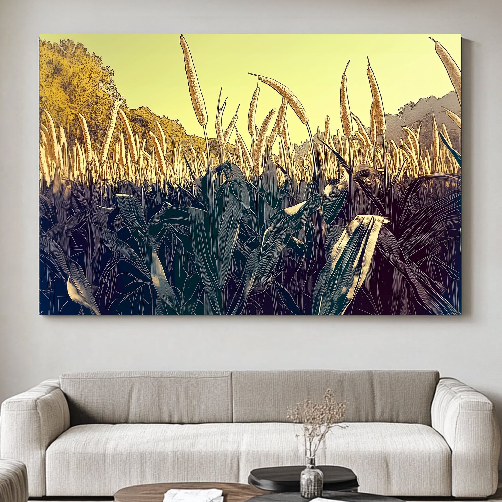 This vibrant artwork captures a field of tall corn stalks reaching toward the sun. Perfect for modern decor. canvas wall art abstract portrait landscape