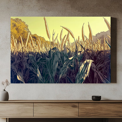 This vibrant artwork captures a field of tall corn stalks reaching toward the sun. Perfect for modern decor. canvas wall art abstract portrait landscape