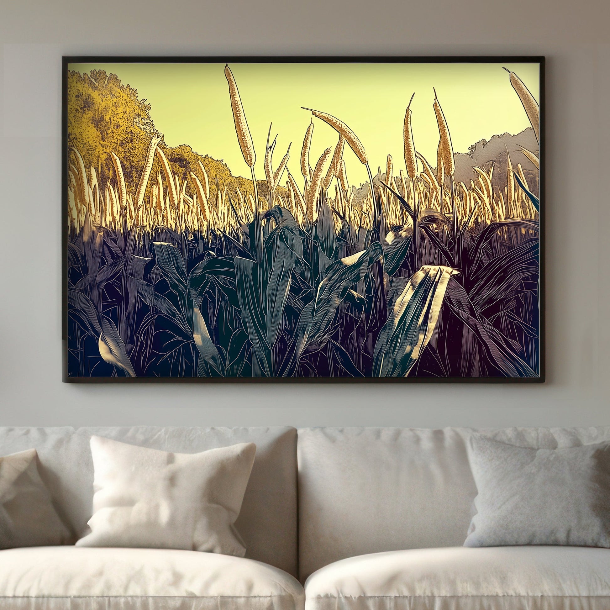 This vibrant artwork captures a field of tall corn stalks reaching toward the sun. Perfect for modern decor. canvas wall art abstract portrait landscape