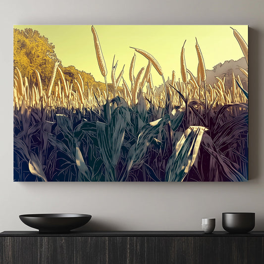 This vibrant artwork captures a field of tall corn stalks reaching toward the sun. Perfect for modern decor. canvas wall art abstract portrait landscape