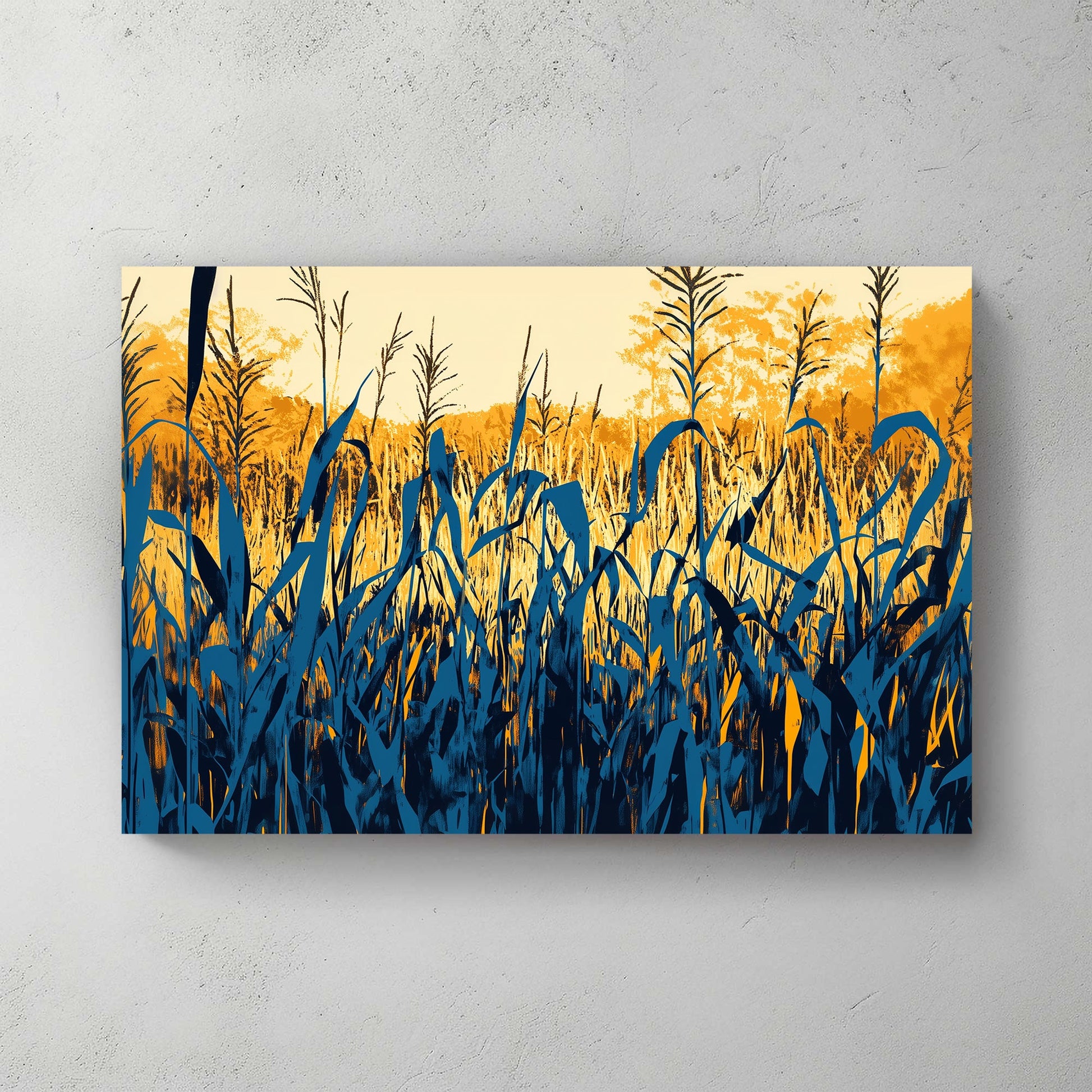 A bold and captivating artwork of reeds silhouetted against a golden sunset, with contrasting shades. Perfect for modern decor. canvas wall art abstract portrait landscape