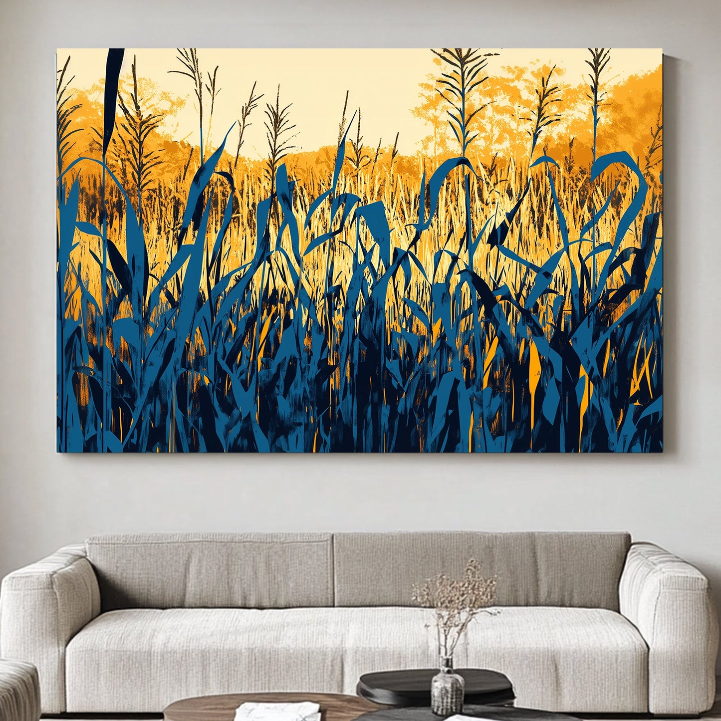 A bold and captivating artwork of reeds silhouetted against a golden sunset, with contrasting shades. Perfect for modern decor. canvas wall art abstract portrait landscape