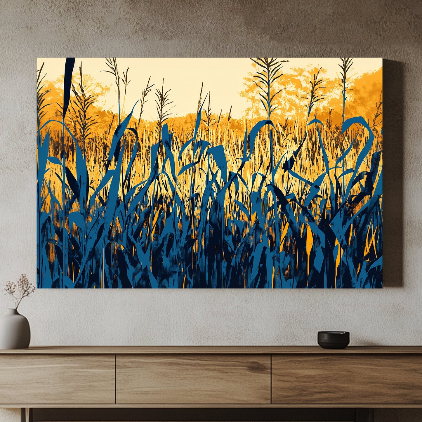 A bold and captivating artwork of reeds silhouetted against a golden sunset, with contrasting shades. Perfect for modern decor. canvas wall art abstract portrait landscape