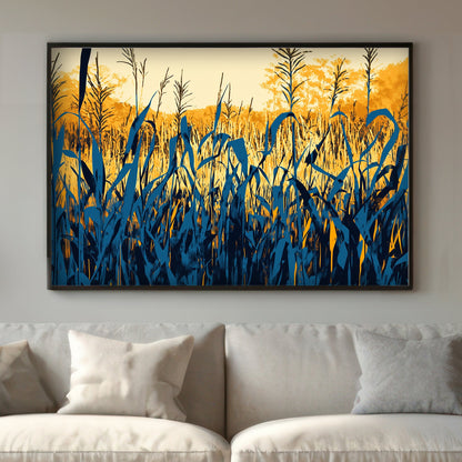 A bold and captivating artwork of reeds silhouetted against a golden sunset, with contrasting shades. Perfect for modern decor. canvas wall art abstract portrait landscape