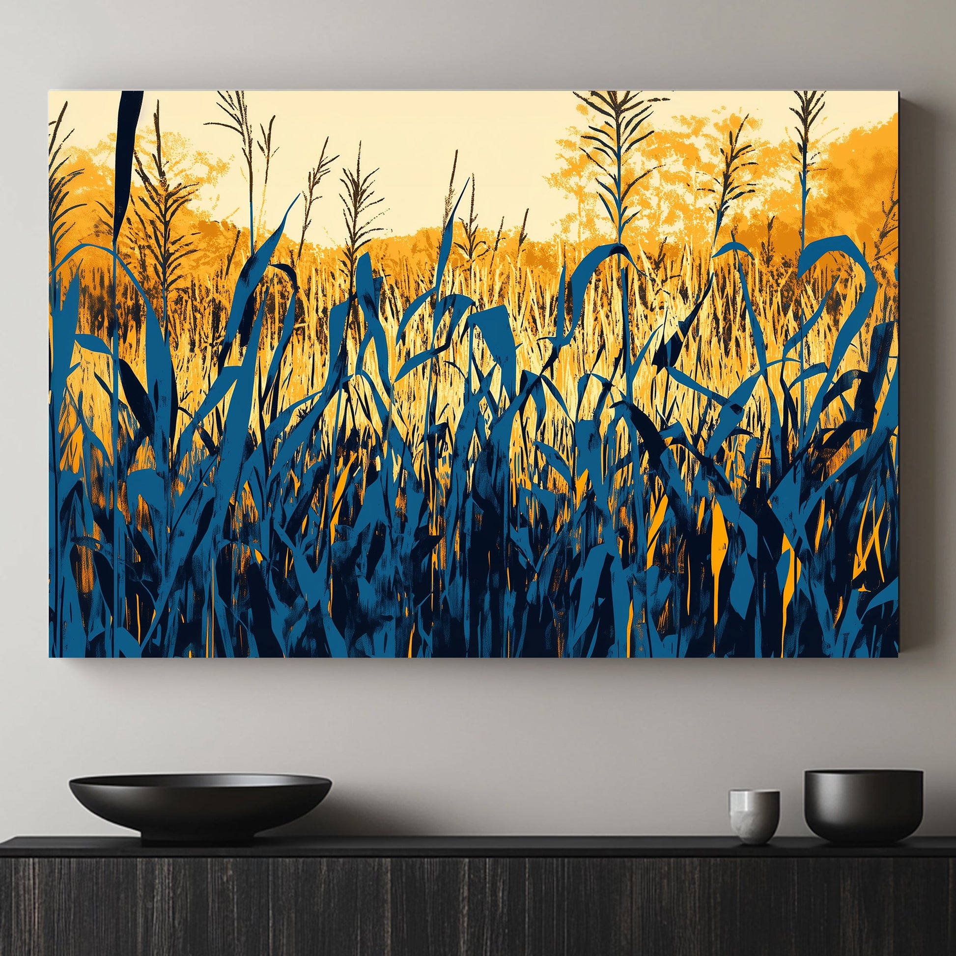 A bold and captivating artwork of reeds silhouetted against a golden sunset, with contrasting shades. Perfect for modern decor. canvas wall art abstract portrait landscape