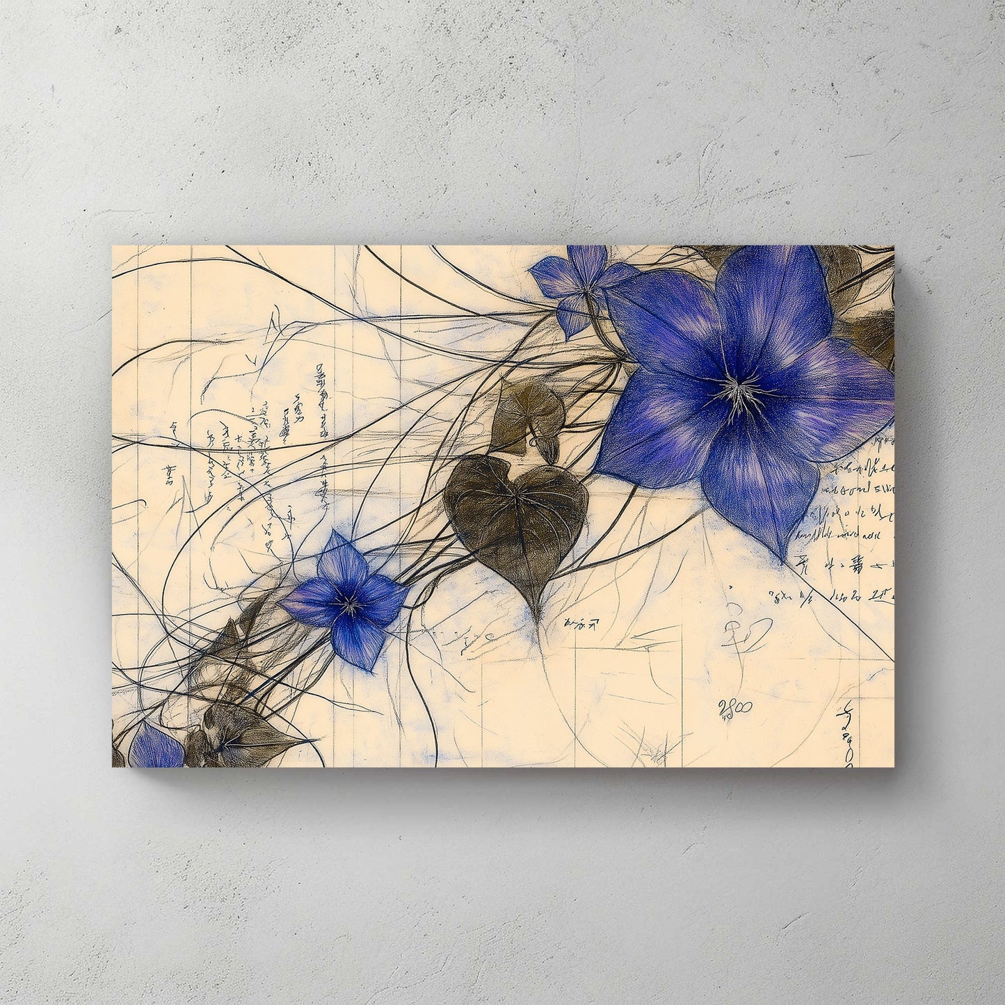 Delicate and intricate, this artwork presents a cluster of deep blue flowers entwined. Perfect for modern decor. canvas wall art abstract portrait landscape