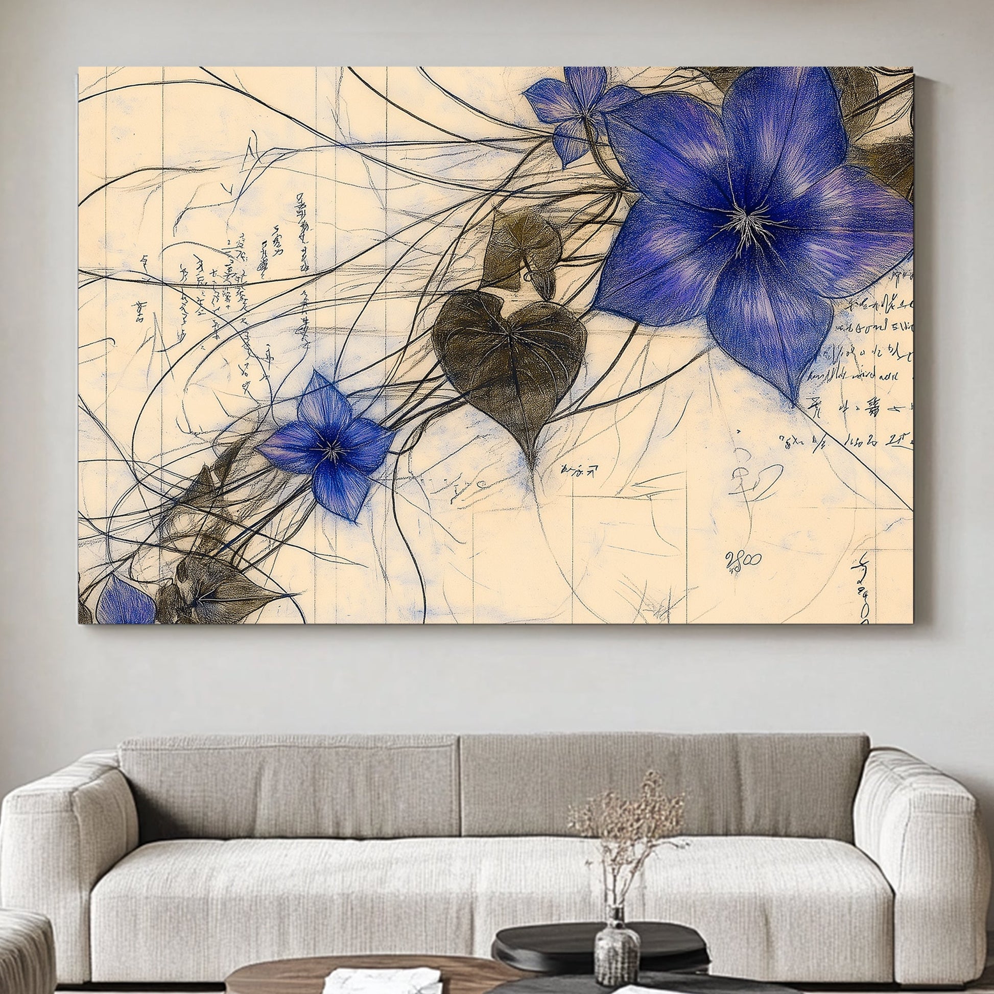 Delicate and intricate, this artwork presents a cluster of deep blue flowers entwined. Perfect for modern decor. canvas wall art abstract portrait landscape