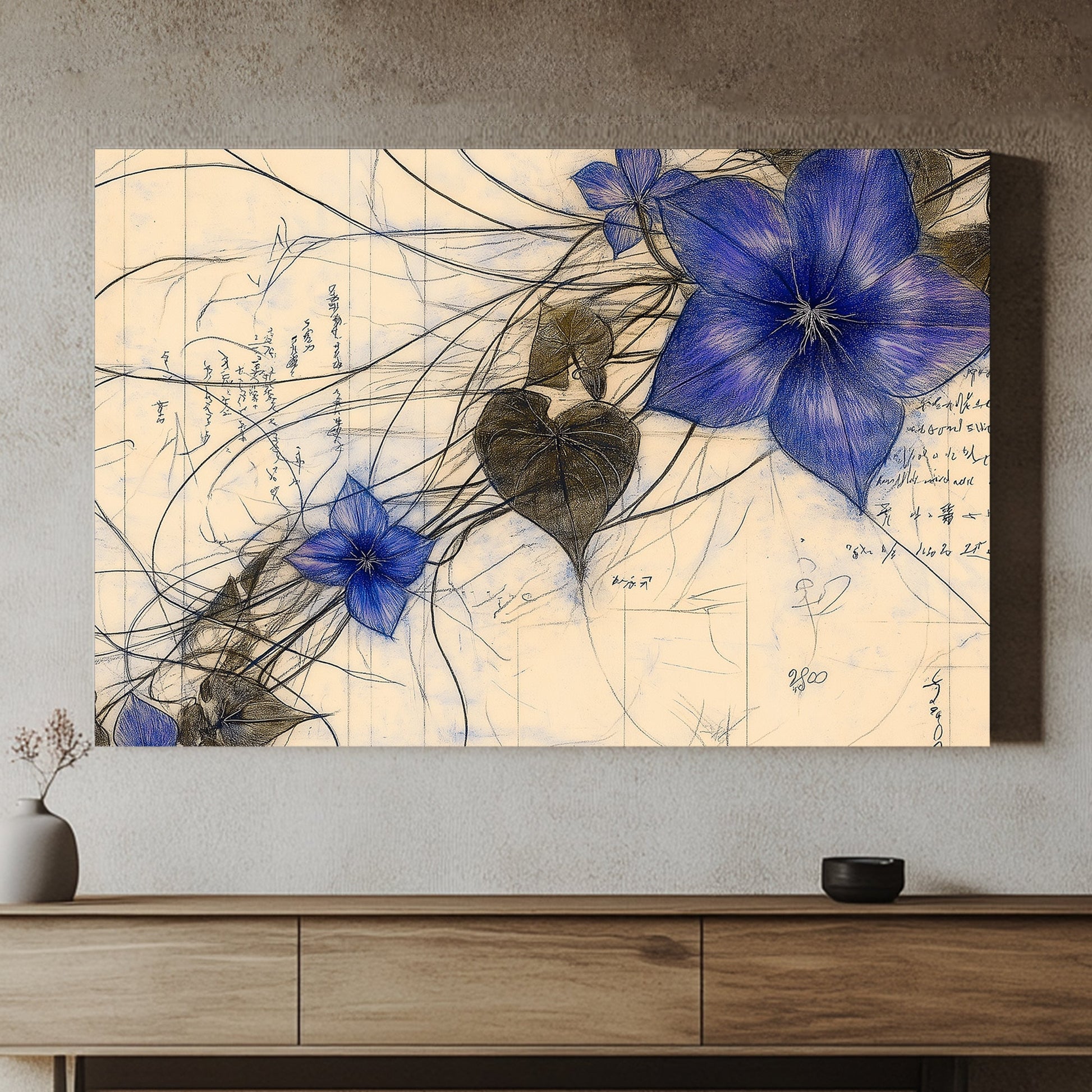 Delicate and intricate, this artwork presents a cluster of deep blue flowers entwined. Perfect for modern decor. canvas wall art abstract portrait landscape